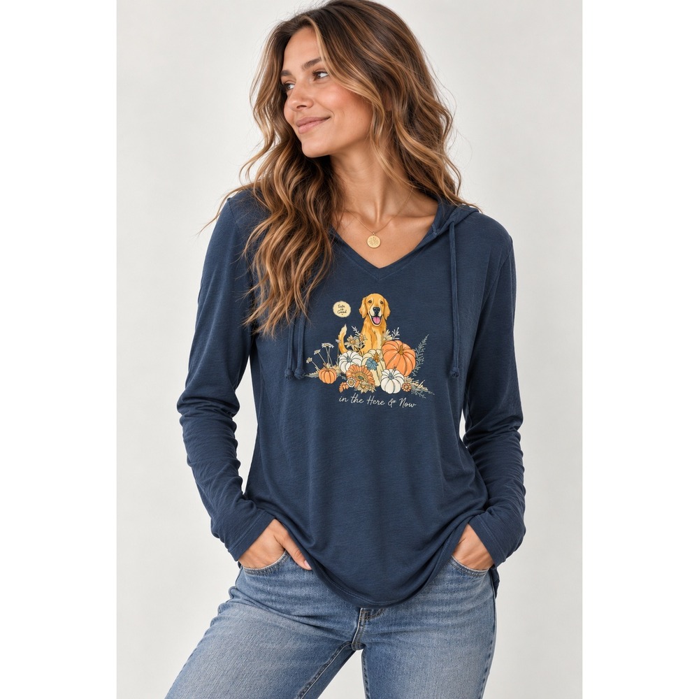 Life is Good Crusher-Lite Shirt Womens L Blue Golden Retriever Fall Hood NWT